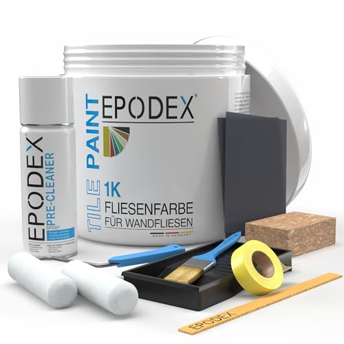EPODEX 1K Fliesenfarbe Küche & Badezimmer mit Zubehör, Lichtgrau Pastell | Fliesenlack für normal beanspruchte Wandfliesen, seidenmatter Lack, 1kg (8m² bei einmaligem Anstrich)