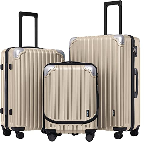LEVEL8 Grace Luggage Sets Koffer Trolleys Leicht ABS+ PC Handgepäck Hartschalen-Koffer Trolley Rollkoffer Reisekoffer Erweiterbar, TSA, 4 Rollen, 55 cm, 36-42 Liter – Champagne