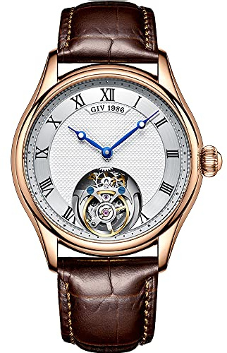 Aesop GIV Tourbillon Men Mechanical Watches Luxury Skeleton Hand Wind Wristwatches Stainless Steel Sapphire Crystal Waterproof Dress Business Watch with Genuine Leather Strap (Rose Gold-White-T09)