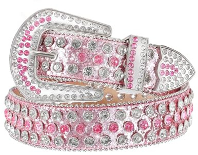Xpvezl Strass-Gürtel für Herren und Damen, Western-Cowboy-Cowgirl-Gürtel mit Nieten, Ledergürtel für Jeans und Hosen, Pink, M