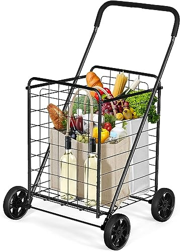 GYMAX Carrito Plegable 83 L, Multiusos Resistente con Asa y Ruedas Grandes, Versátil con Cesta de Metal para Almacenes, Supermercados y Lavandería (Negro)