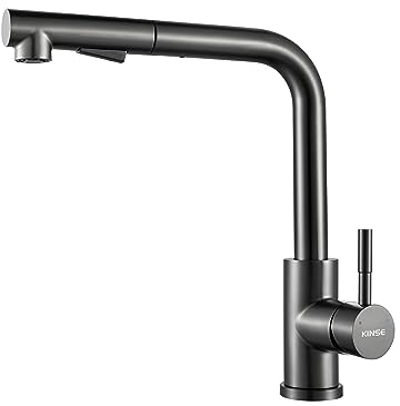 KINSE Grifo de cocina con ducha extraíble, acero inoxidable, 2 tipos de chorro, giratorio 360°, color gris
