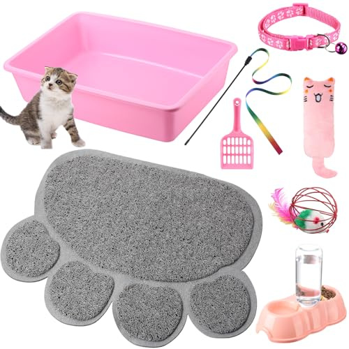 Starter-Set für kleine Katzen und Kätzchen, Katzentoilette, Pfotenmatte, Doppelnäpfe, Spielzeugstab, Halsband – Essentials-Set für Anfänger von 0,5–1,4 kg, Rosa, 7-teilig