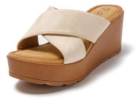 JOMIX Sandalen Kunstleder Schlappen Damen Beige Bequem Sandaletten Sommer Elegant Sommerschuhe Muttertag (Beige, 37 EU, SD9118)