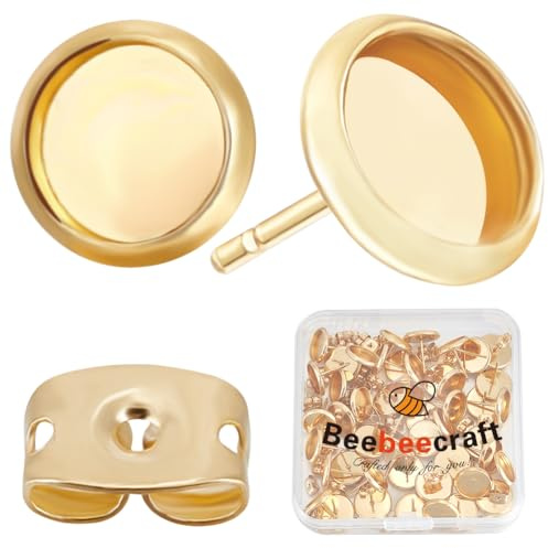 Beebeecraft 1 Box 50 Stück 10mm Ohrring Einfassungen Edelstahl Ohrringe Rohlinge 0,8mm Pin Gold Ohrring Lünette Und 50 Stück Ohrmuttern Für Die Herstellung