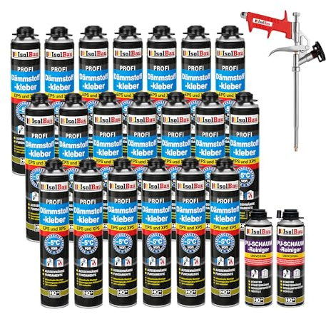 Isolbau B2 Dämmstoffkleber SET - 20 x 750 ml Perimeterkleber, 2 x PU-Schaum-Reiniger & 1x Schaumpistole für EPS & XPS-Platten - 1K PU-Klebeschaum für Fixieren & Befestigen