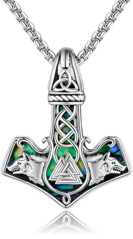 ONEFINITY Collar para hombre de plata de ley 925 con colgante de lobo celta, martillo de Thor, collar de fútbol, joyería vikinga, regalos para mujeres y novios, Plata, Concha de abulón de imitación