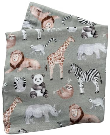 Baby J's - Sage Safari, Bamboo Muslin Swaddle Blanket - X-Large Blankets for Babies and Toddlers - Made with Bamboo and Soft Breathable Cotton - Super Soft with Double Thickness - 120 x 120cm
