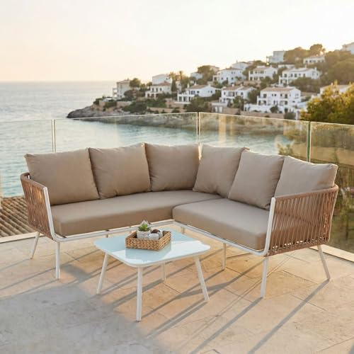 Gartenlounge JAKARTA, weiß/beige - Outdoor Ecksofa mit Dreisitzer, Zweisitzer und Beistelltisch, robustes Metallgestell, wasserabweisende Kissen, für Terrasse und Balkon, L-förmige Sitzlandschaft