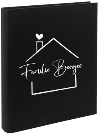 AWASG Dokumentenmappe Familie Haus - Personalisiert mit Namen - Ringbuch Ordner für die Familie - Familienordner Leinen zum Einsortieren von Unterlagen (schwarz)