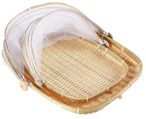 tangqindianzi Corbeille à Fruits en Bambou avec Protection Anti-Mouches - Plateau de Service Alimentaire - Couvercle de Panier à Pain - Panier de Pique-Nique en rotin tressé pour collations (2pcs)