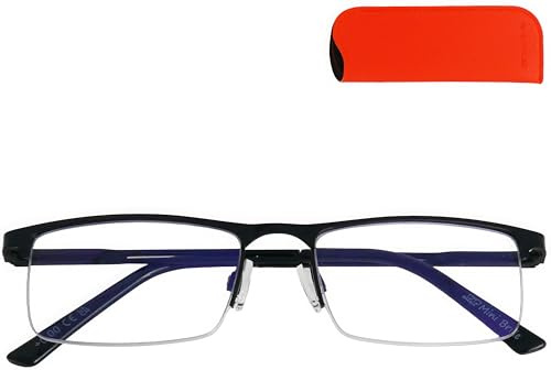 Blaulichtfilter Brille Metall-Halbrand unten mit UV-Schutz und Etui | Leichte Bildschirm- und Lesebrille in 0,0 bis +2,5 Dioptrien; 136 mm breit, mit Nasenpads und rotem Etui.