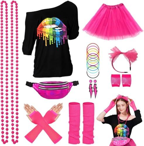 ELFIN 80er Jahre Outfit Damen, T-Shirt, Tutu, Gürteltasche, Stirnband, Ohrring, Halskette, Netzhandschuhe, Armband, Beinwärmer, 80er Jahre Kostüm Kleidung Mottoparty Accessoires, Schwarz-2, M