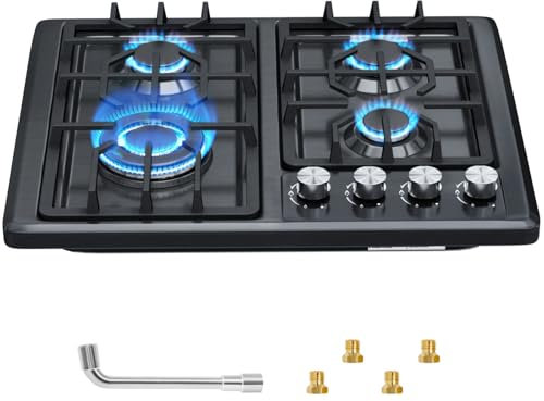 Placa de Gas,Placa de cocción a gas 4 fuegos, autosuficientecon protección térmica automática,Cocina empotrable acero inoxidable,convertible NG/LPG,7800 watt