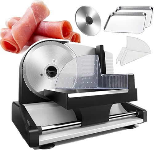 pedenencelia Electric Deli Food Slicer,1-1.5cm Adjustable Thickness Food Slicer Machine,With Removable 19cm Stainless Steel Blade,2 Trays,Food Pusher,For Meat,Cheese,Bread,Meat Slicer,200w