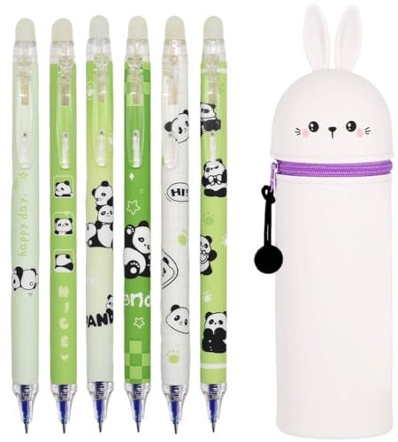 MKKZLPN 2 in 1 Weiche Silikontasche Federmäppchen, 4 Stück Tier Radierstift Kugelschreiber, Kawaii, Tischstifthalter, Reißverschluss mit 0.5mm Schwarz löschbaren Gelstiften für Mädchen (Kaninchen)