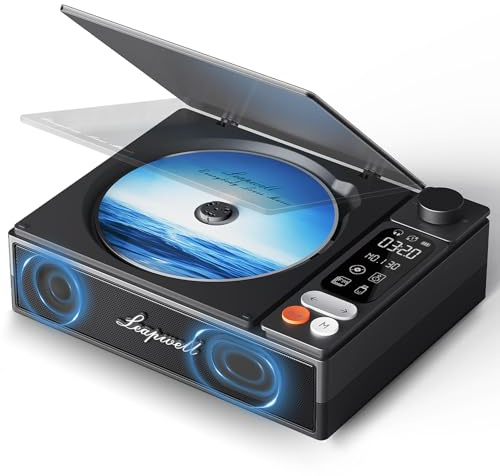 Leapwell CD Player Portable Bluetooth Desktop CD Players for Home with Speakers Rechargeable Small Retro CD Player with LCD Screen Optical USB Black