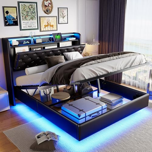 SHAODENG Polsterbett 140x200 Schwebebett mit LED-Beleuchtung, Doppelbett mit USB Ladefunktion, Jugendbett Hydraulisch Stauraumbett Funktionsbett Bettgestell, Schwarz, PU, ohne Matratze