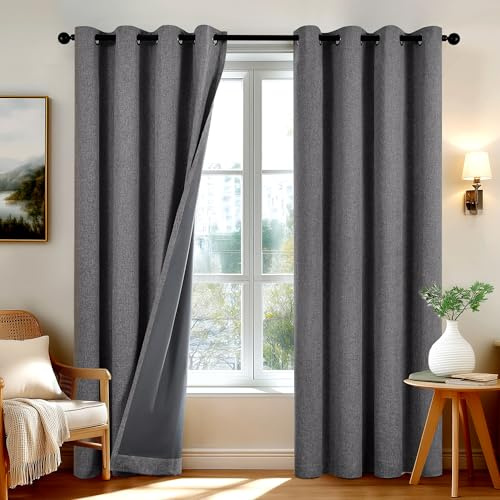 Deconovo Cortinas Opacas para Salón y Dormitorio 100% Opacas, Cortinas Térmicas Aislantes Frío y Calor, Textura Lino con Ojales, Gris Oscuro, 140x180 cm, 2 Piezas
