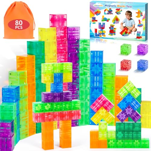 JEDWKFA 80-delade magnetiska byggklossar, magnetiska kuber för barn, magnetiska byggklossar för barn, magnetiska byggklossars, presentleksaker för 3-5 år gamla pojkar och flickor