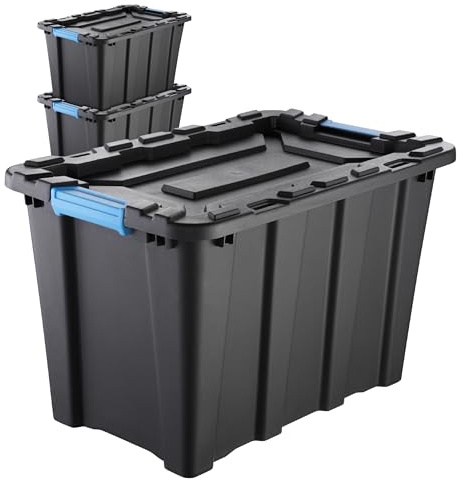 IDEA HOME Set di 3 Contenitori 55 L con Coperchio TechBox HD – Casse Robuste Impilabili in Plastica HD – Box Organizer per Garage, Officina, Attrezzi e Accessori