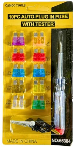 Lot de 10 mini fusibles plats pour voiture, avec lampe de test, testeur de fusible pour voiture, moto, camion - Kit de fusibles de rechange de 3 A à 30 A avec testeur - Kit de fusibles pour