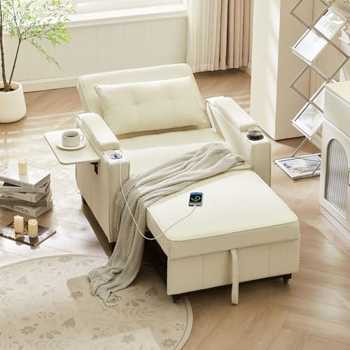 LEMROE Sofá cama individual, silla convertible 3 en 1 con respaldo ajustable, cargador y portavasos, bolsillos laterales, sillón plegable extraíble para sala de estar, dormitorio, sala de estar