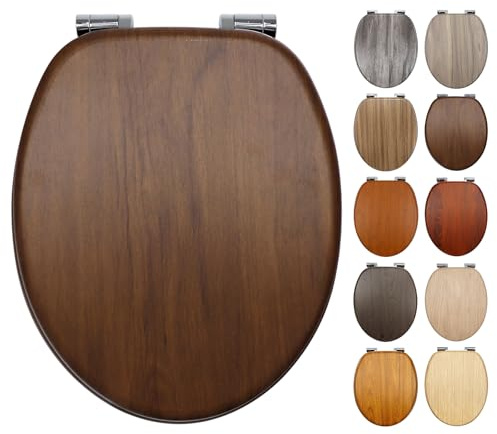 Fanmitrk WC Sitz mit Absenkautomatik, Toilettendeckel aus MDF Holz, Toilettensitz mit Holzoptik-Furnier (dunkle Walnuss-Optik)