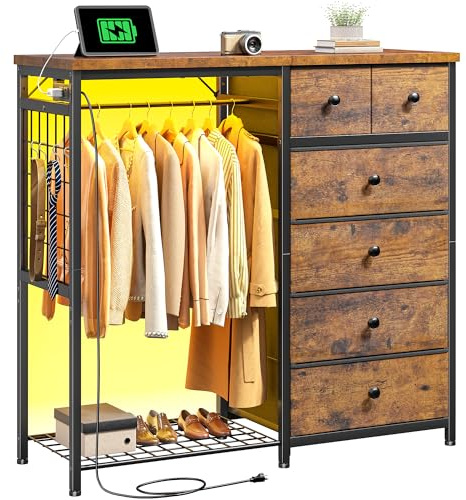 EnHomee Dresser with Hanging Rack, 6 Drawers Dresser with LED Lights & Charging Station, Fabric Dressers & Chest of Drawers, Closet Storage Organizer with Open Shelves for Living Room, Brown