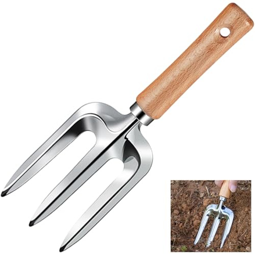 Armo® Handheld Garden Weed Fork With Wood Handle Mini Garden Fork Trowel Rake For Digging, Plants, Planting