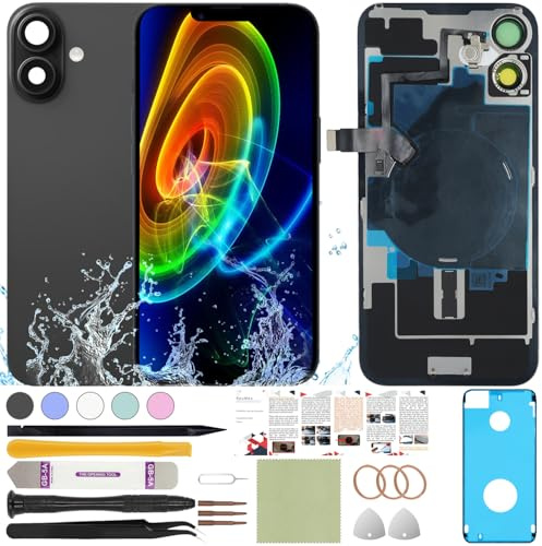 ReuWeu Back Glass Replacement Cover Compatible with iPhone 16 All Carriers 6.1 + Pre-Installed Plate + Wireless Charging Coil Flex Cable + Microphone + Flashlight + Camera Frame (Black)