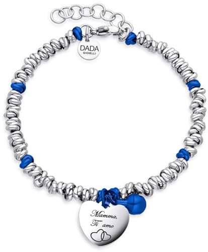 Dada Gioielli- Bracciale Amore Mamma Campanella e Cuore Frase Bi-Lingua 17+3 cm - Bracciale Donna Anelli Intrecciati a Nodino in Acciaio Disponibile In Colori Diversi Idee Regalo Donna (Argento + Blu)