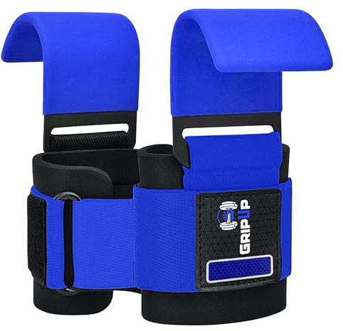 GripUp Fitness Zughilfen Krafttraining (Paar), 8mm dicke Gepolstert Handgelenkschutz Gewichtheberhaken Gummigriff für Kreuzheben, Powerlifting Weight Lifting Hook, Klimmzüge und Bodybuilding (Blau)