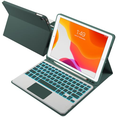 kantaj iPad Keyboard Case with Trackpad Backlit Keyboard for iPad 7/8/9th | For iPad Air 3 & Pro 10.5, 7 Colors Backlit Keys, Pencil Holder, Detachable Bluetooth Keyboard Case, UK Layout, Dark Green