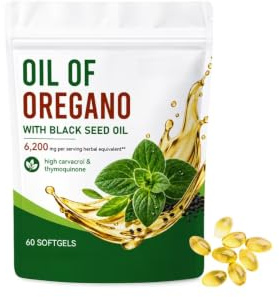 Oreganoolja med svartfröolja 6200mg, för matsmältningskomfort, 60 tal | 20:1 geconcentreerd extract. Gestandaardiseerd voor een hoog carvacrol- en thymoquinongehalte