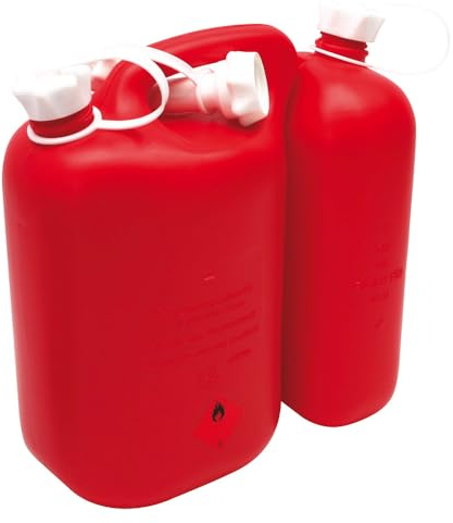 Dönges Doppel-Kanister, 5,5 + 3 l (Kanister Benzinkanister Doppelkanister Kunststoff-Benzinkanister Kraftstoffkanister), mit separatem Ölbehälter für Schmiermittel (z.B. Kettenöl)