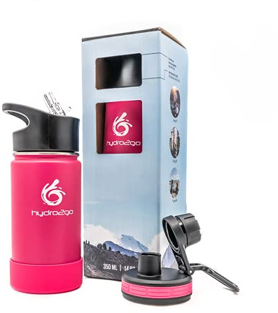 hydro2go Kinder Trinkflasche aus Edelstahl - BPA-freie Isolierflasche mit 2 auslaufsicheren Kappen (Strohhalm & Sport) - 350ml