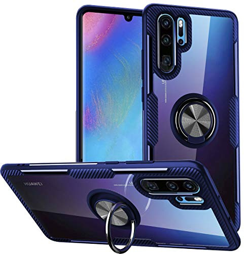 WATACHE Huawei P30 Pro Case, Clear Crystal Carbon Fiber Design Armor Protective Case with 360 Degree Rotating Finger Ring Grip Holder Stand [Magnetic Car Mount Feature] for Huawei P30 Pro (Blue)