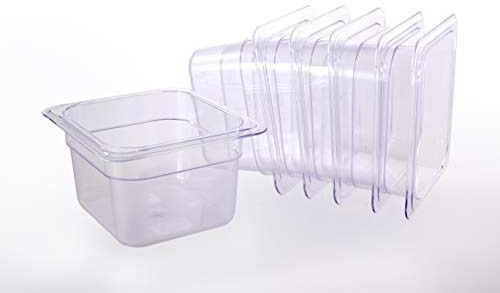 Hakka 1/6 Size Polycarbonate Food Pans,6Deep Clear Steel Steam Table Pans Commercial Gastronorm Catering Food Containers for Restaurant, Hotel, Buffet,Party - Pack of 6