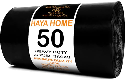 Haya Home 50 Black Plastic Bin Bags Heavy Duty Bin Liners, Refuse Sacks Pack of 50 X 1 Heavy Duty Waste Dustbin Bags roll 90L for Kitchen Home Office DIY Garden Made from 100% Recycled Material