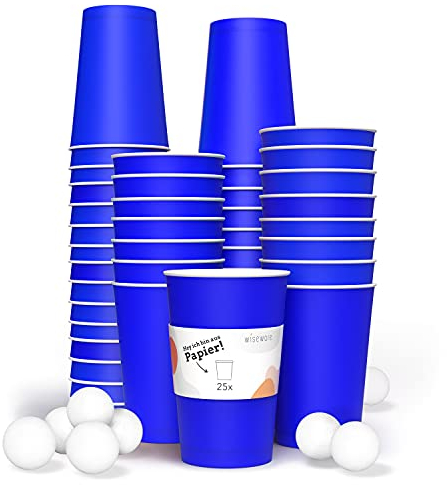 Wisefood ölpong mugg set av papper – partymugg blå – pappmugg blå – ölpong pappersmugg – alternativ till plastmuggar – hållbara festmuggar (25 stycken med 3 bollar)