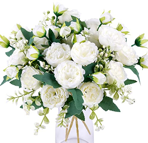 Floweroyal 4 Bunches Peony Artificial Flowers White Flowers Silk Peonies Bouquets for Wedding Party Table Centerpieces Floral Arrangement Home Kitchen Decor