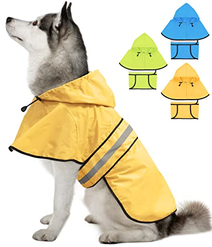 Weesiber Hunderegenmantel, Reflektierender Hund Regenmantel mit Leinenloch, wasserdichte Regenjacke Hunde Verstellbarer Hundeponcho Mit Kapuze (XL, Gelb)