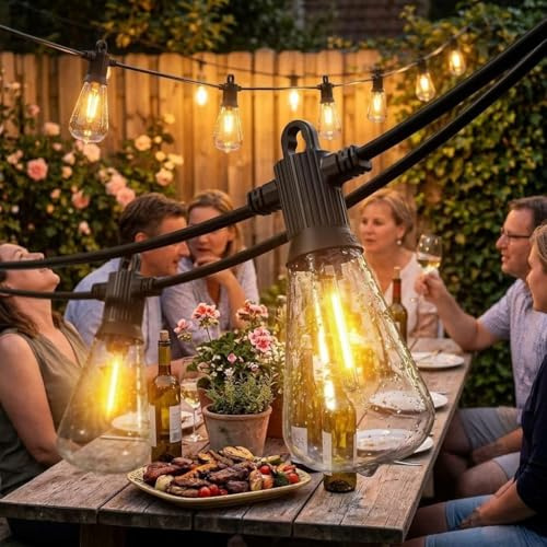 Kawaya 30.5m Outdoor String Lights Mains Powered IP65, 50+2 Edison Bulbs | Dimmable LED Festoon Lights for Garden Waterproof Hanging String Light Warm White Gazebo Backyard Balcony Wedding