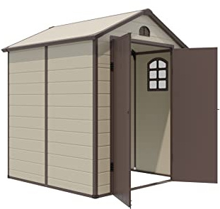 RELAX4LIFE Gerätehaus Metall & Kunststoff, Gartenhaus mit abschließbarer Doppeltür & Fenstern, Geräteschuppen mit 2 Lüftungsschächten, Lagerschuppen Outdoor, 192,5x191x227 cm, Beige+Braun