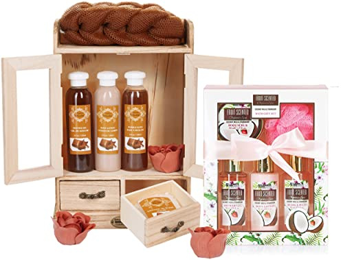 BRUBAKER Cosmetics 2 in 1 Pflegeset Schokolade & Kokosnuss Erdbeere - Großes 15-teiliges Wellness Set - Damen Dusch- und Badeset - Frauen Beauty Geschenkset mit Deko Holzschrank
