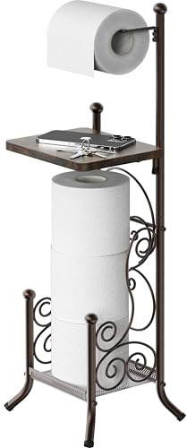 Simple Houseware English Style Bathroom Toilet Tissue Roll Holder Stand with Shelf, Bronze