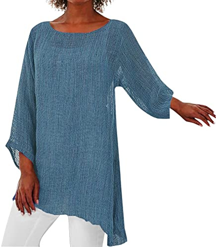 Leinenhemd Damen Lang Oberteile 3/4 Arm Shirt Große Größe Lockere Asymmetrisch Hem Langarmshirt Bluse Baumwolle Leinen Longshirt Vintage Casual Summer Blusenshirt Baggy Tunika Top Hemden