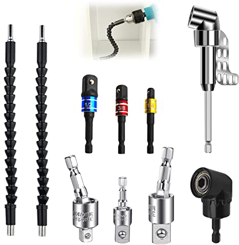 10 Adaptadores para Kit de Taladro, Adaptadores de Broca Cardán con 105 °Extensión, 1/4, 3/8, 1/2 + Llave de Vaso Universal,Taladro Angular (1)