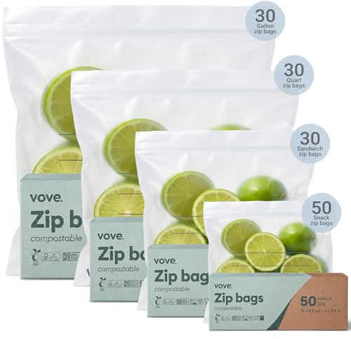 Vove Compostable Storage Bags 160 Count Variety Pack (S/M/L/XL), Plastic-Free Zip Bags for Food Storage and Meal Prep, PFAS-Free and BPI Certified, Freezer Safe Airtight Seal, Plant-Based